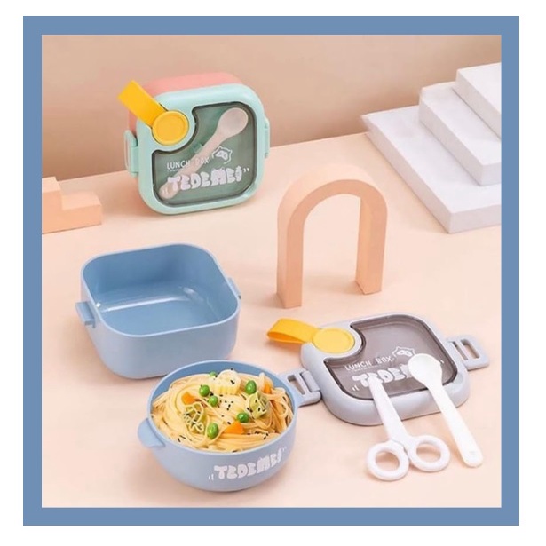 Kotak Bekal Makan Anak Sekolah Balita Lunch Box 2IN1 Anti Tumpah Set Mangkok Sendok Gunting