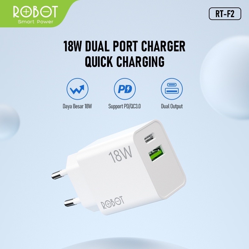 ROBOT RT-F2 Dual Port Charger Quick Charging QC 3.0 Original Dual Output USB-A dan USB-C  - Garansi 1 Tahun