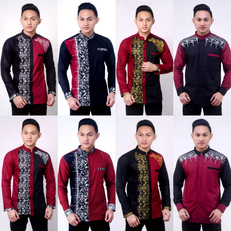 Kemeja Koko Kurta Pria Panjang Warna Hitam Kombinasi Merah Hati /Merah Tua/ Merah Maroon, Katun Oil 