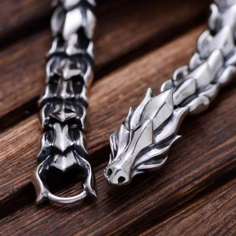 New 925 Sterling Silver Jewelry Heavy Dragon Scale Bracelet For Men 23CM Vintage Punk Style|Bracelets