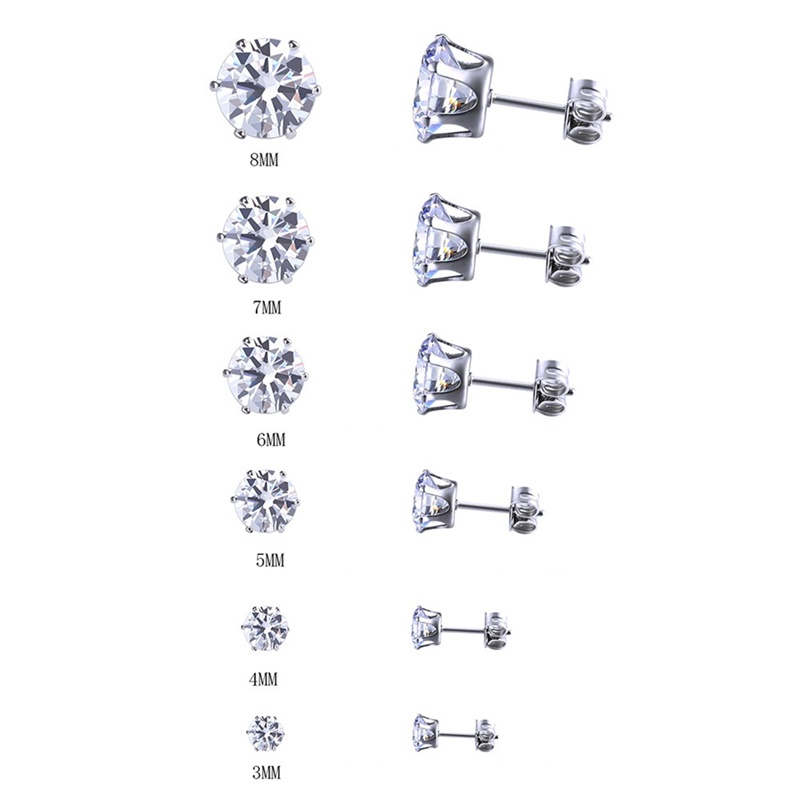 6 Pasang Anting Stud Cubic Zirconia Bulat Bahan Stainless Steel Ukuran 3mm - 8mm