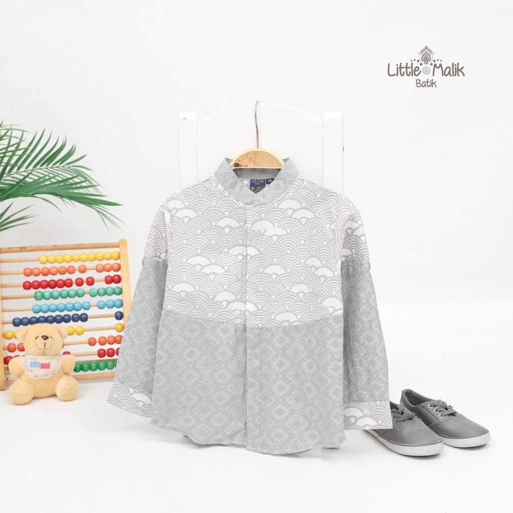 Kemeja Batik Ayah &amp; Anak Lengan Panjang By Little Malik Batik, Kombinasi Garutan Dobby, ABU