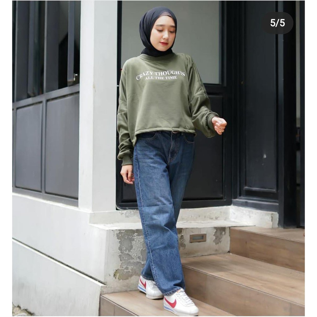 (REAL PICT) CRAZY THOUGHTS SWEATER WANITA BEST SELLING OVERSIZE BATWING Crop