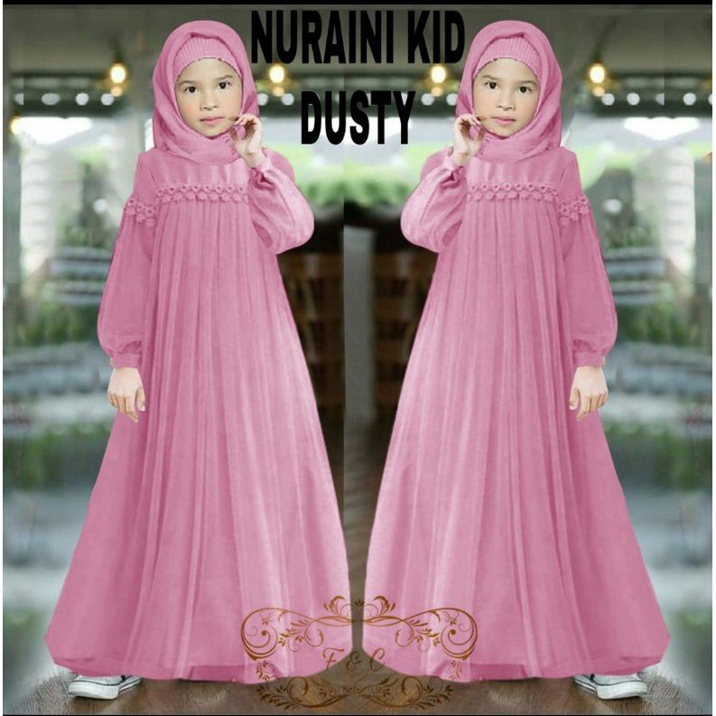 Gamis Anak perempuan Tanggung Gaun Nuraini Tille kombi Moscrepe variasi Renda umur 4 5 6 Tahun Putih