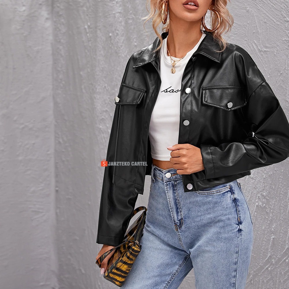 JNK x MONA - Jaket Crop Top Wanita Semi Kulit Sintetis Viena Faux Synthetic Leather Premium Original Clothing PU Jacket Blouson Saku Pocket Dual Flap Cewek Perempuan Outwear Buttons Front Drop Outfit Hijab Sexy Korea KPOP Style Kekinian Acara Fall Winter