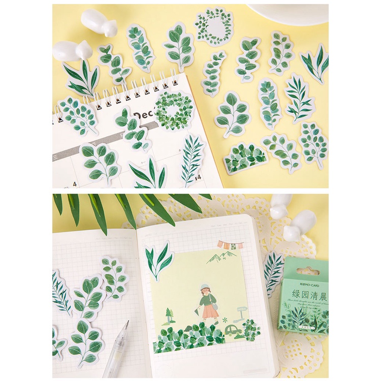 45pcs/set Green Color Garden Leaf Motif Stickers For Refrigerator/Mobile/Computer Decoration