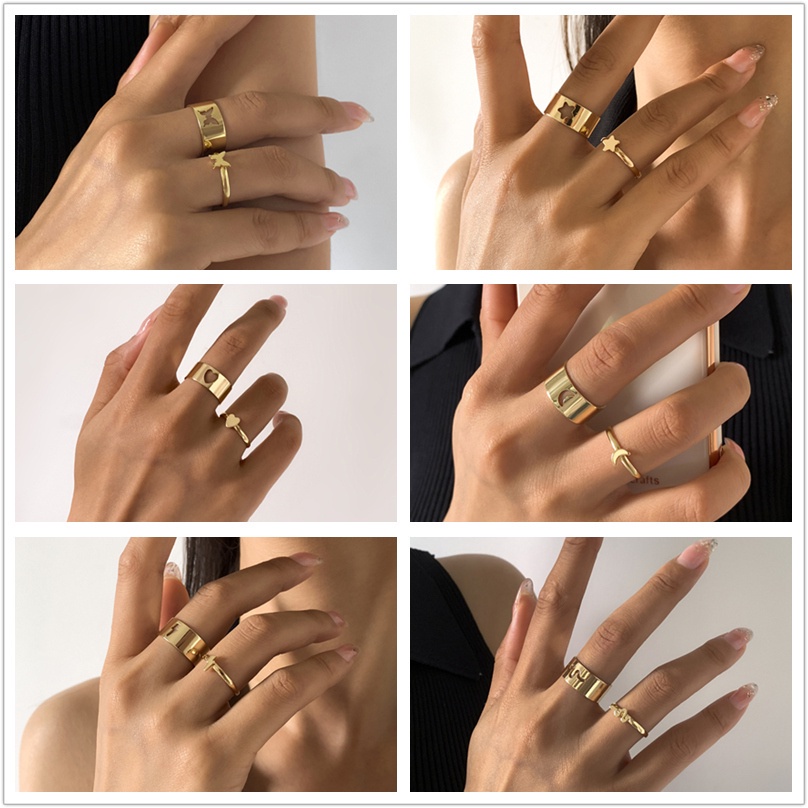 (Cincin set Couple) Versi Korea dari gaya punk seks sederhana hati bintang bulan cincin kupu-kupu terbuka