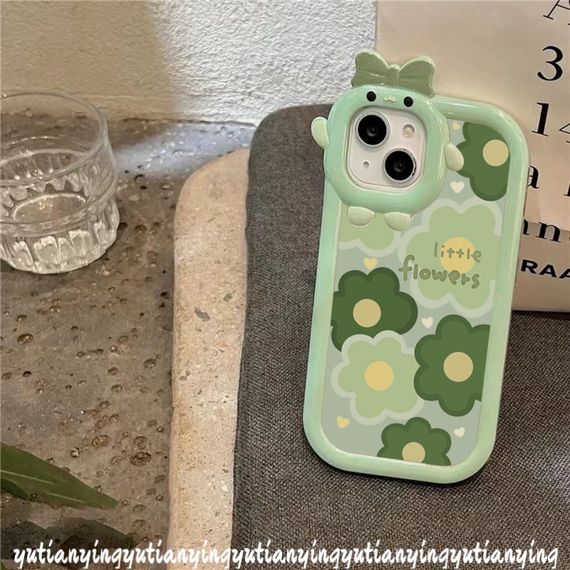 Ins Case Bunga Hijau Oppo A17 A7 A5s A54 A57 2022 A76 A96 A3s A5 A9 A55 A16s A15 A12 A17K Reno 4F 5F 5 7 A53 A74 A95 A16K A52 A15s A16 A31 3D Bow-knot Monster Kecil Lensa Sarung Cover Sarung