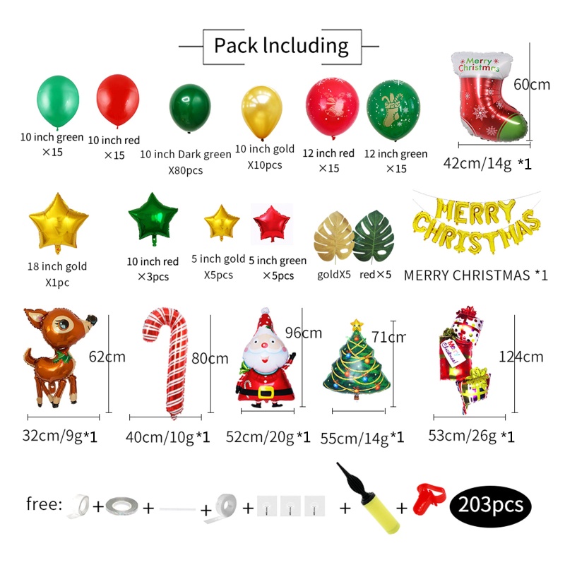 203pcs / set Balon Latex Foil Desain Santa Claus Rusa Pohon Natal Bintang