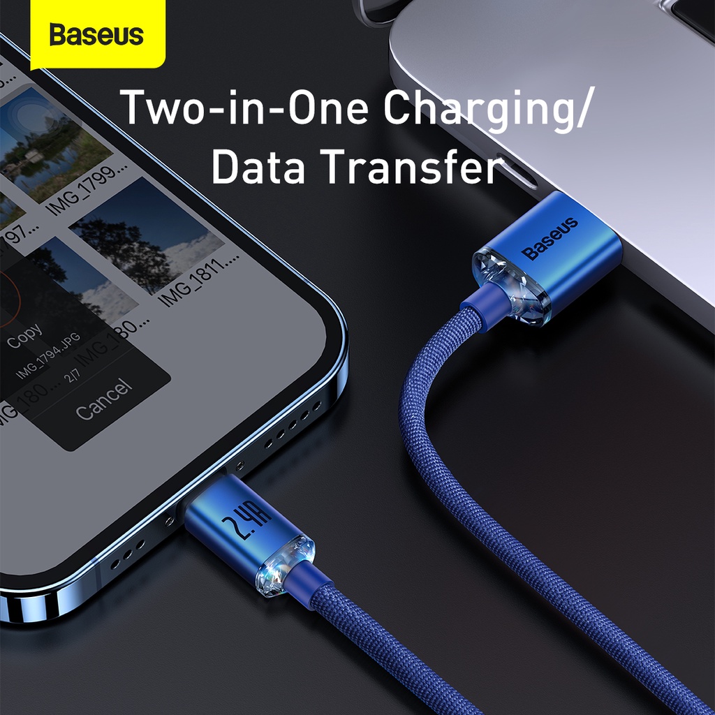 Kabel Data iPhone Baseus USB to iP 2.4A Fast Charging 1.2M/2M Crystal Shine