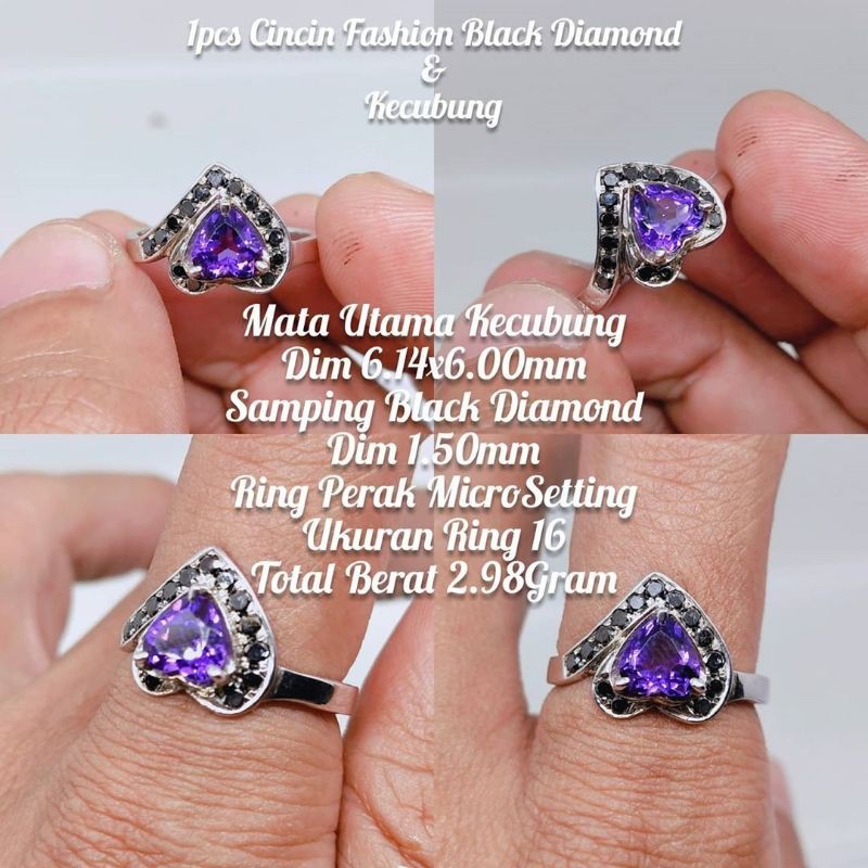 cincin wanita batu kecubung ungu super berlian hitam black diamond asli natural bkn akik bacan ruby