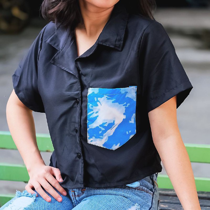 Tq88indonesia Fashion Kemeja Wanita Lengan Pendek Terbaru / Kem Yunaki / Hem Kombinasi Wanita Kekinian / Kemeja Polos Cewek / Baju Santai Wanita / Baju Natal / Kemeja Hitam Wanita