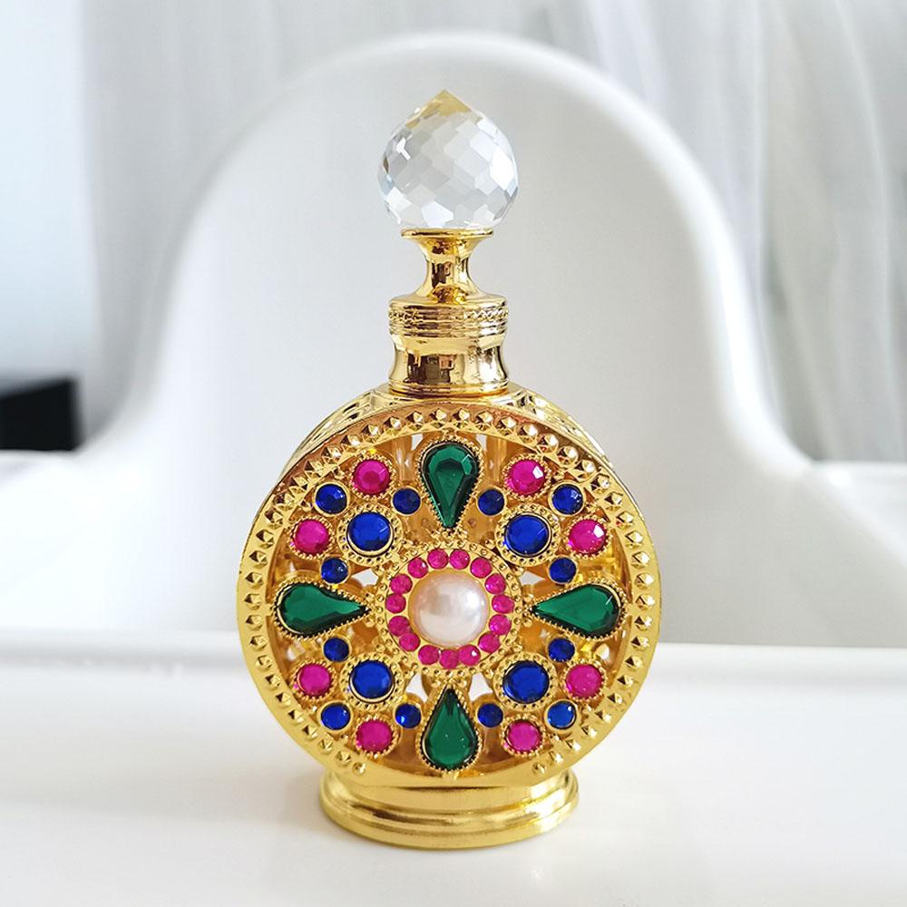 Rebuy Rhinestone Perfume bottle Portable 10ML Golden packaging Wadah Kosmetik Gaya Arab Dubai Alloy Botol Kosong Isi Ulang