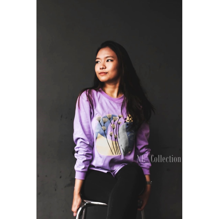 Atasan Wanita Trendy Zolaqu Ungu Lavender Motif Bunga Kaos Lengan Panjang Wanita Bahan Combed Sablon