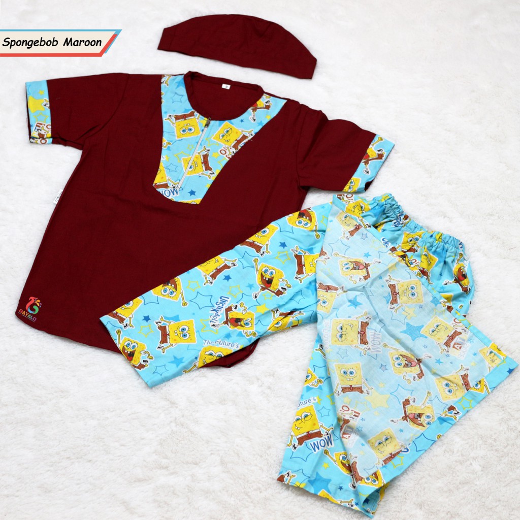 SARKOCI TURKI ANAK MOTIF SPONGEBOB MAROON/BAJU MUSLIM ANAK/GROSIR BAJU KOKO ANAK MODERN