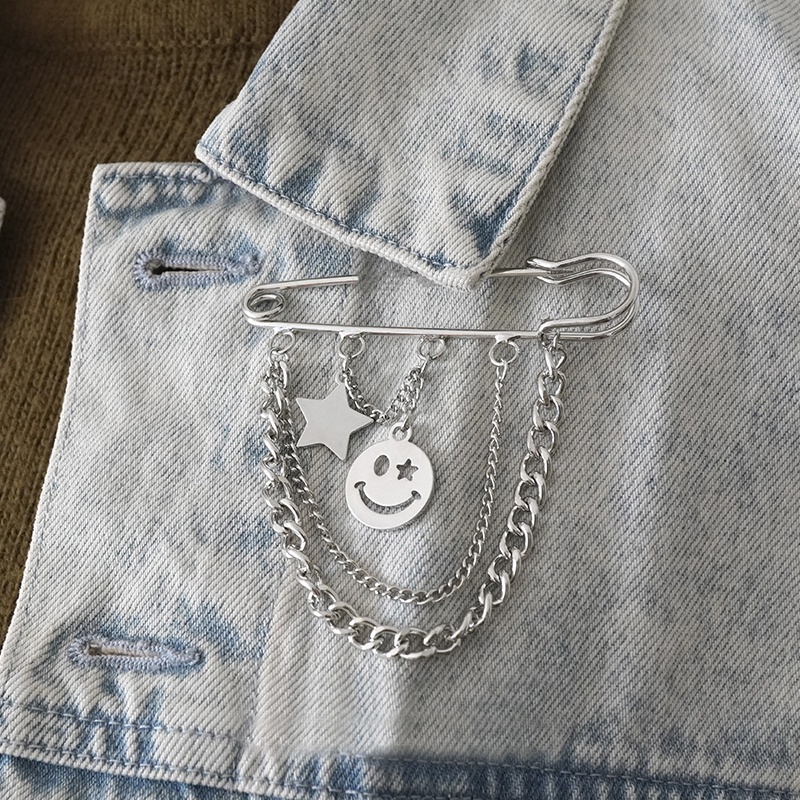 Pin Bros Rumbai Pentagram Tersenyum Warna Silver Gaya Vintage Untuk Aksesoris Wanita