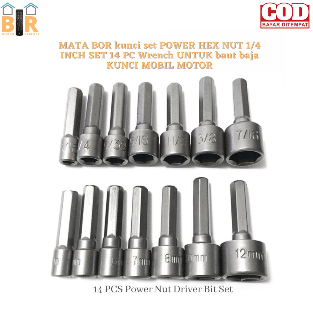 Mata Bor Kunci Set Power Hex Nut Roofing 1/4 Inch Set 14 Pc Wrench Untuk Baut Baja Kunci Mobil Motor