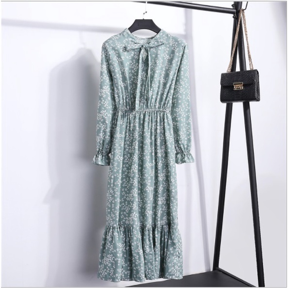 DA061 Dress Kondangan Dress Pesta Vintage Dress Floral Dress Import Korean Maxi dress series 2-hijau bunga putih