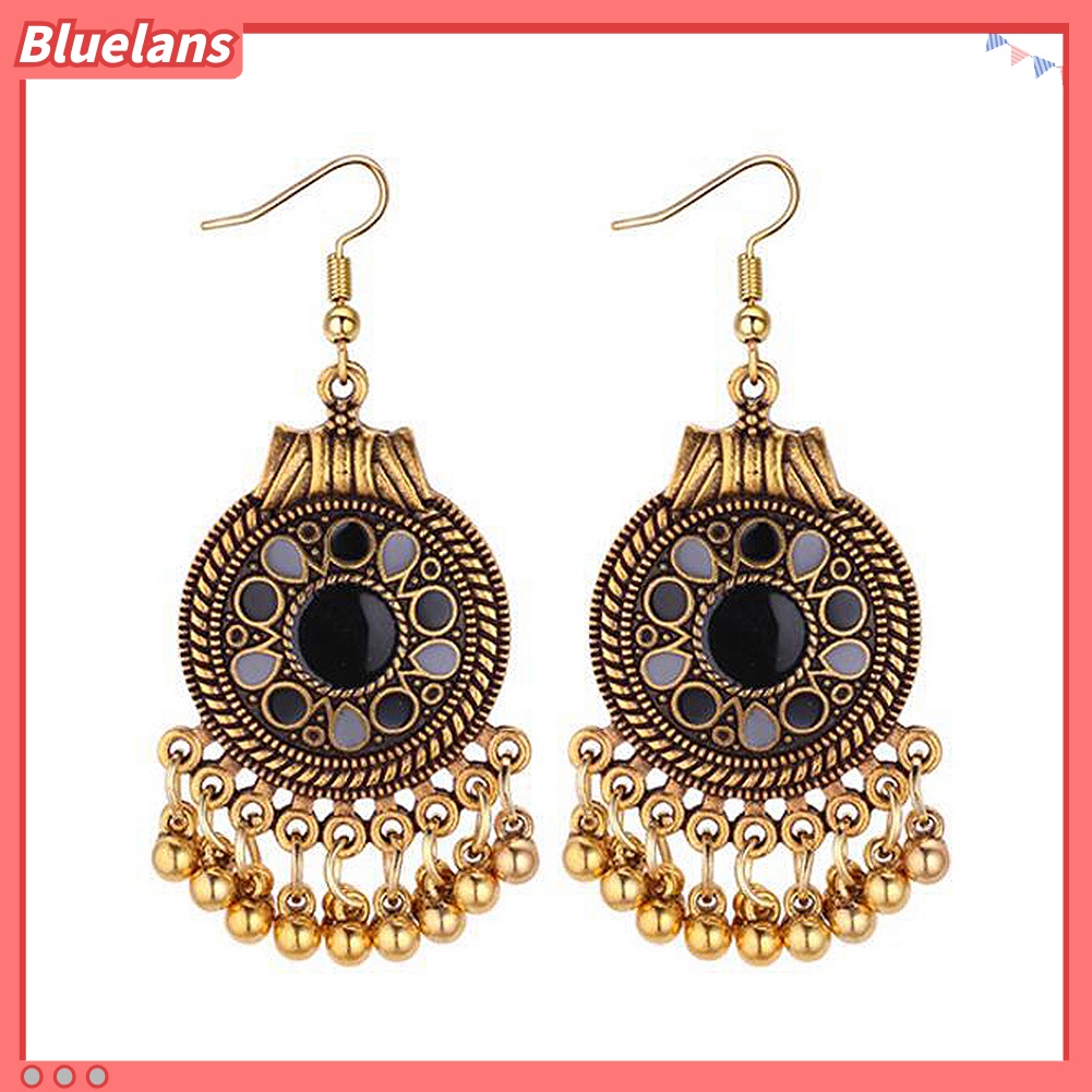 Bluelans Women Ethnic Tassel Disc Flower Bead Pendant Long Dangle Hook Earring Jewelry