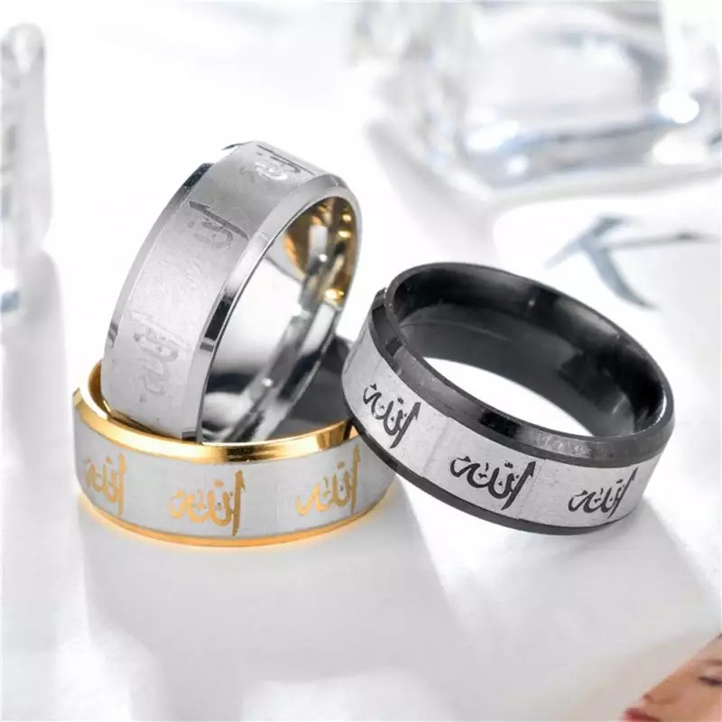 CINCIN TAUHID TITANIUM HITAM SILVER BIRU GOLD ANTI LUNTUR ANTI KARAT / CINCIN LAFADZ SYAHADAT ISLAM / CINCIN PRIA WANITA ANAK COUPLE TUNANGAN / DUNIAGELANG.ID