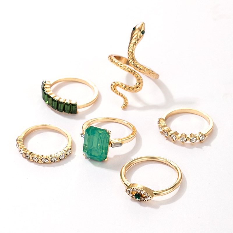 #New Arrival# 6pcs/set Fashion Ring Jewelry Personality Alloy Green Zircon Crystal Geometry Evil Eye Snake Ring Set for Women