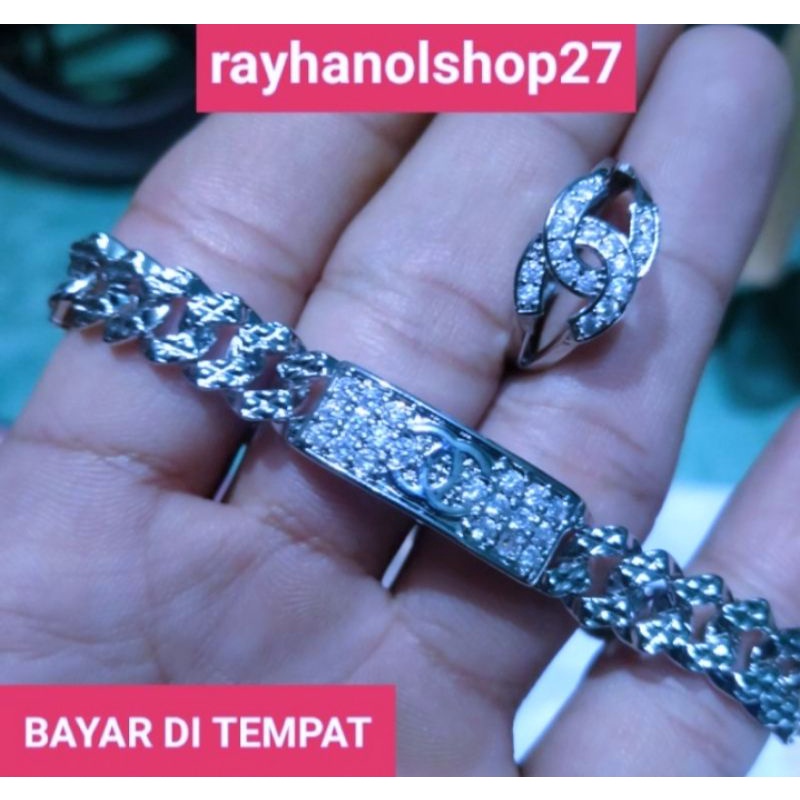 SET GELANG TANGAN SILVER TITANIUM CHENELL FREE CINCIN CHENELL PILIHAN MODEL NYA ANTI KARAT LAPIS EMAS PUTIH