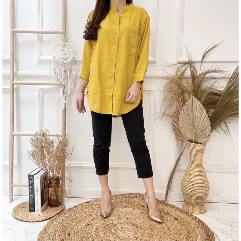 KEMEJA TUNIK POLOS TWE KEKINIAN WANITA LENGAN PANJANG BAHAN TOYOBO MODEL  TERBARU