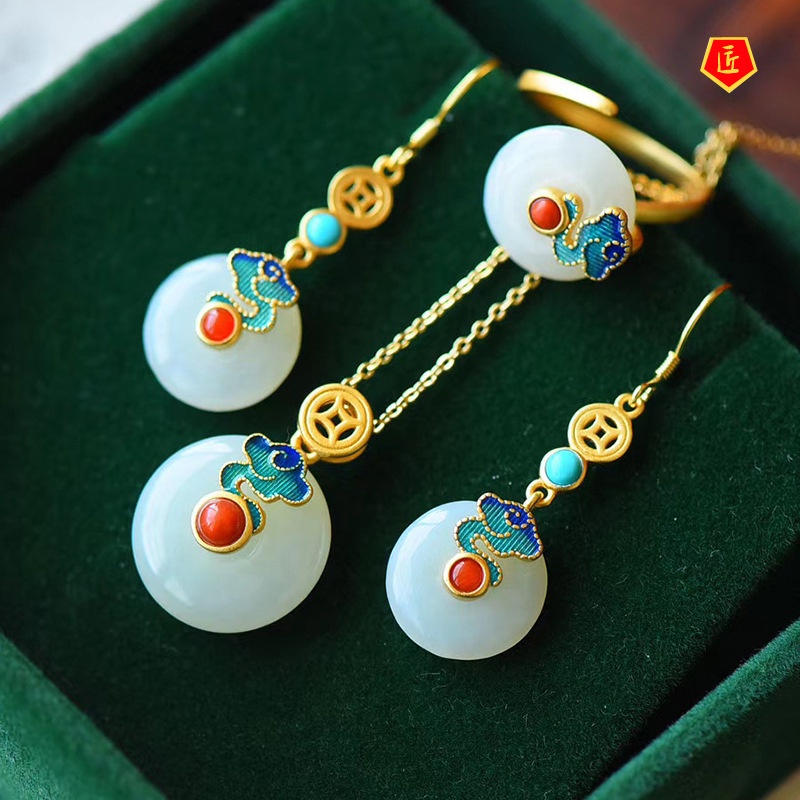 [Ready Stock]Vintage Inlaid Jade Safety Knot Earrings Pendant Ring Set