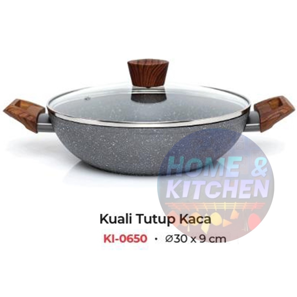 Cypruz Wok Pan 30 cm Marble Induksi Kuali Lid 30cm KI0650 Panci Induction Tutup Kaca Wajan Keramik