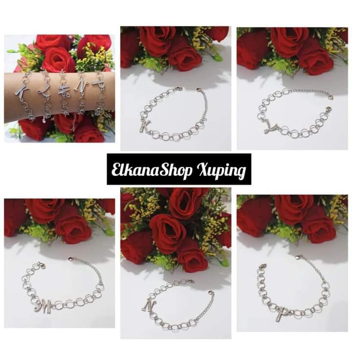 Gelang Dewasa Ring bulat  Ininsial Nama A-Z chat pilih huruf.silver xuping