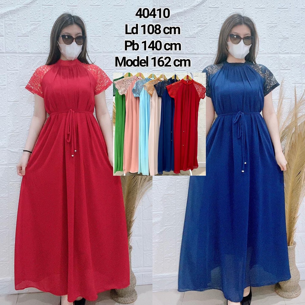 2021 NOV Baju Fashion Wanita xBelle / Long Dress V-Neck Wanita Brukat Polos Renda Mesh Sheer Jumbo /