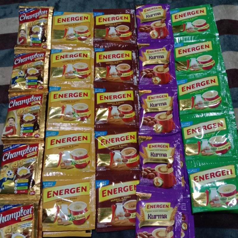 

ENERGEN VANILLA, COKLAT, KACANG HIJAU, KURMA, CHAMPION BY ENERGEN