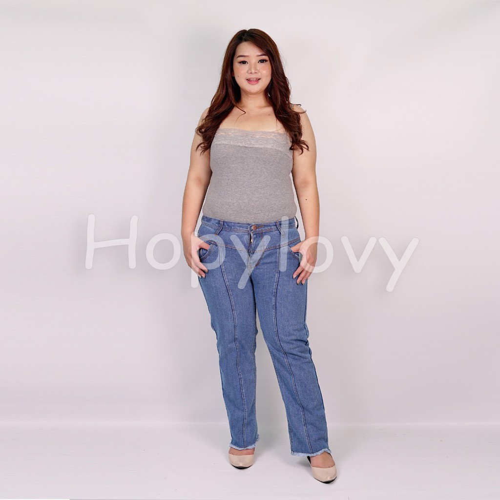 HOPYLOVY - Celana Boyfriend Jeans Ukuran Jumbo Wanita Unfinished Febiola