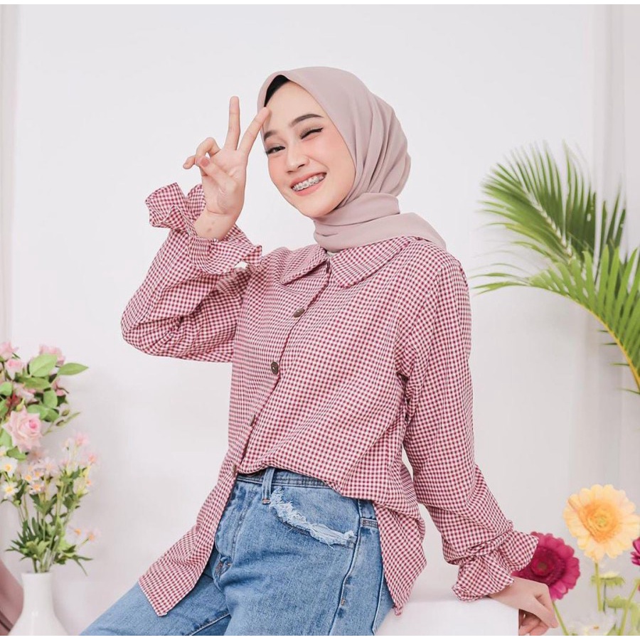 Blouse tartan korea wanita baju Atasan Muslim Wanita blus cewek terbaru pakaian wanita murah cantik