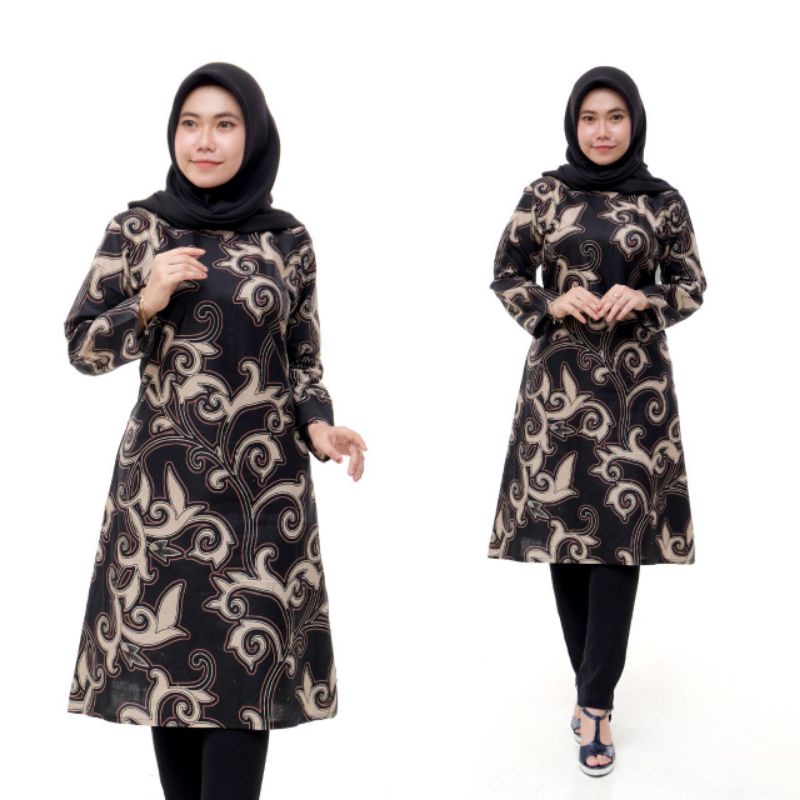 Tunik Batik Wanita Lengan Panjang Atasan Batik Couple motif kangkung hitam