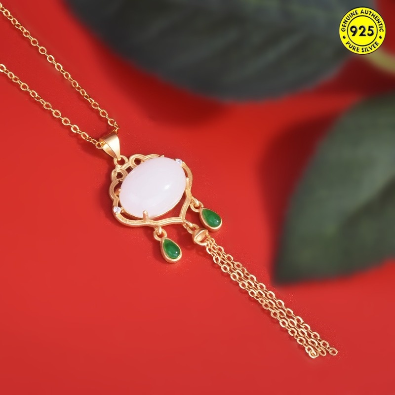 Kalung Rantai Dengan Liontin Rumbai Batu Chalcedony Natural Gaya Istana Ruyi Untuk Wanita