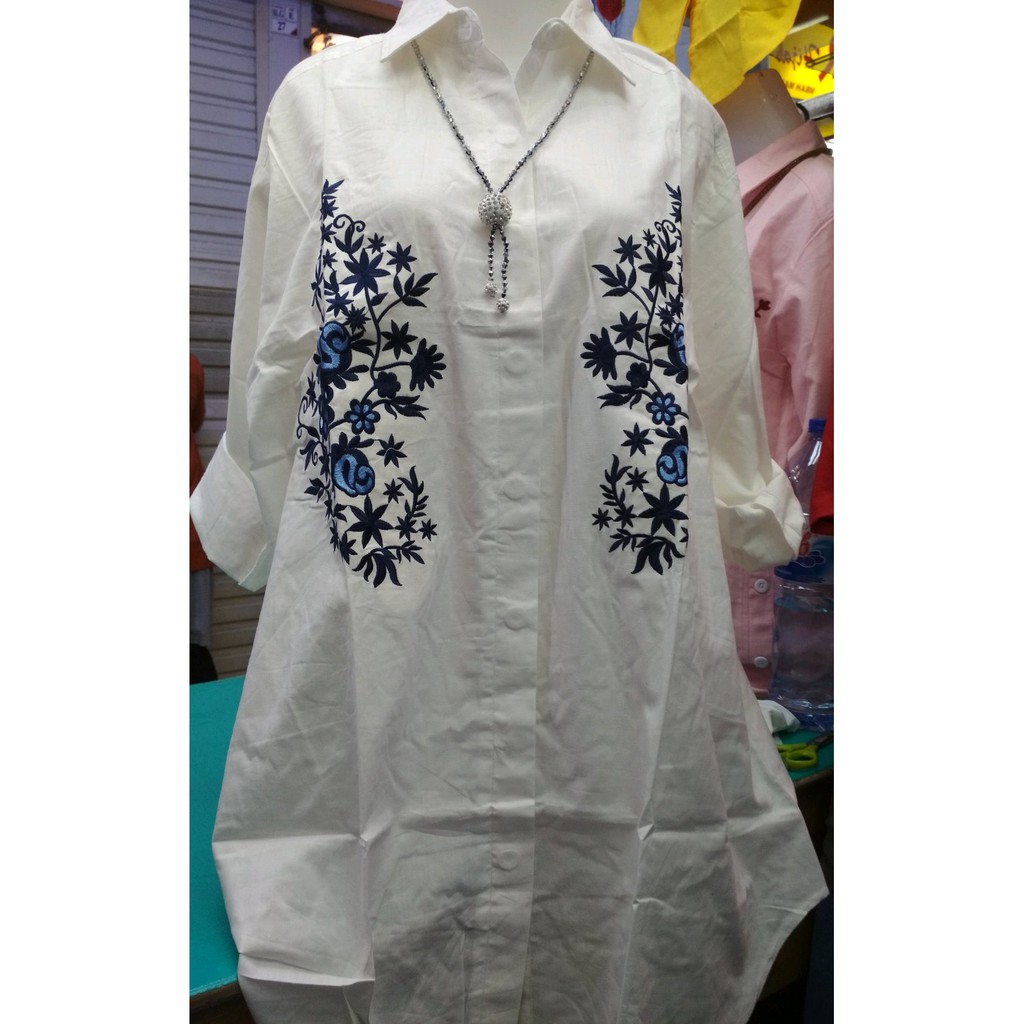 kemeja tunik katun jumbo bordir senada putih