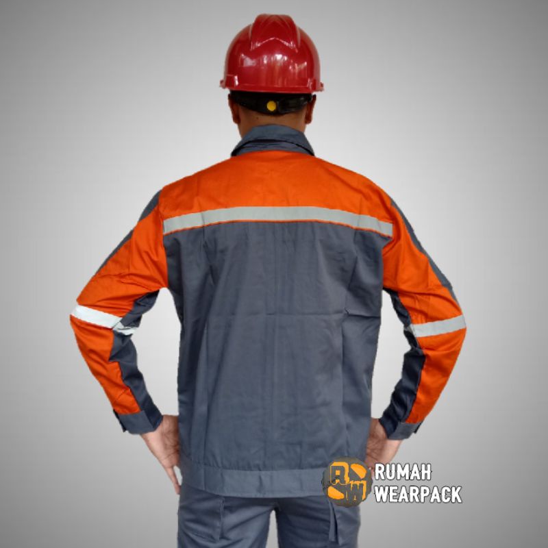 Baju Kerja/ Wearpack Proyek/ Seragam Kerja Atasan Warna Abu Tua Kombinasi Oranye