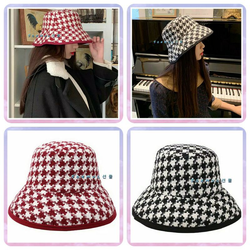 IMPORT WOMAN PLAID BUCKET HAT HOUNDSTOOTH WINTER AUTUMN SUMMER TOPI WANITA MUSIM DINGIN PANAS