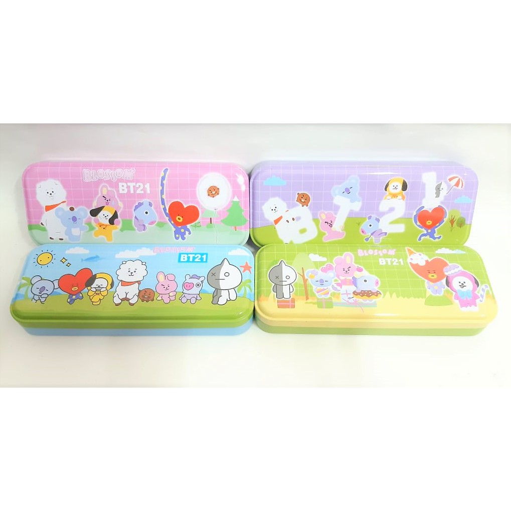 TEMPAT KOTAK PENSIL KALENG 2 SUSUN BTS BT21 KARAKTER ANAK LUCU PEN CASE KALENG BTS