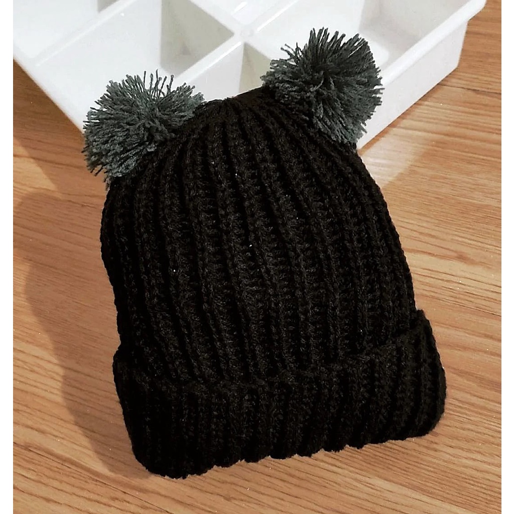 Klik Mds Topi Bayi Laki-Laki Perempuan Motif Kupluk Pompom / Topi Anak Bayi Usia 0-12 Bulan-POMPOM HITAM
