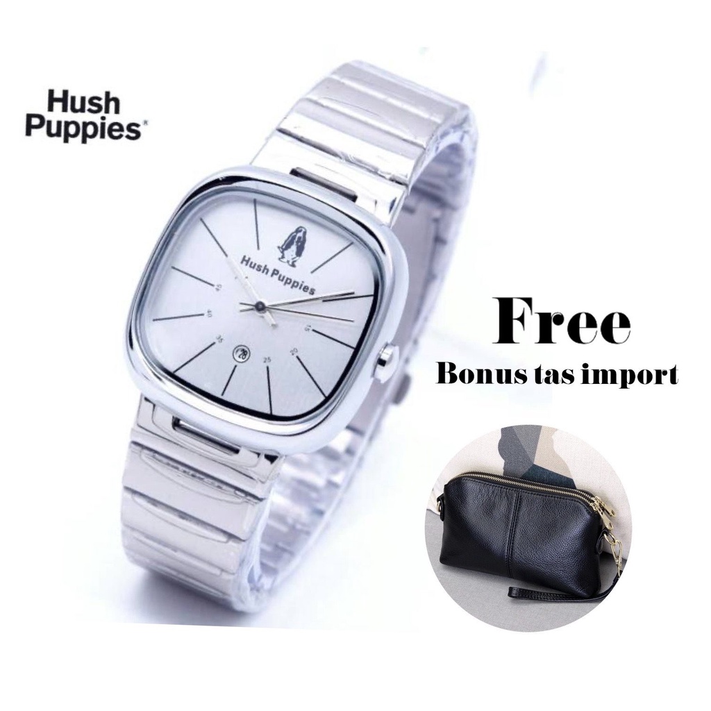 Jam Tangan Wanita FREE TAS IMPORT Cewek Hush Puppies Segi Full Stainless Tanggal Aktif