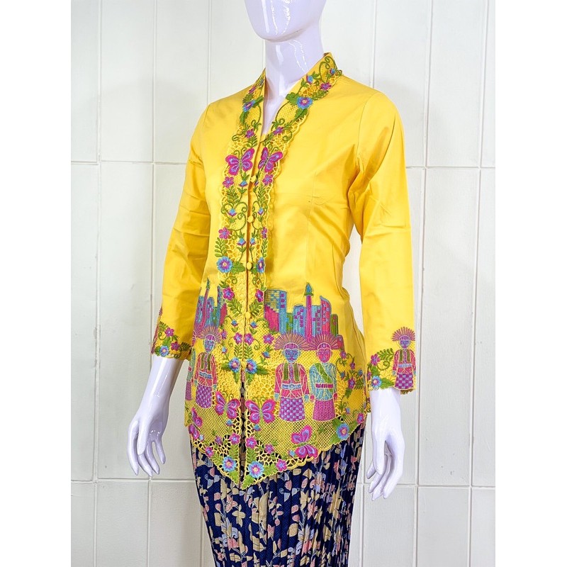 OSW03 - Daliyu KEBAYA ONDEL BETAWI ENCIM KARTINI LENGAN PANJANG BORDIR Katun Stretch / M L XL XXL-Kuning