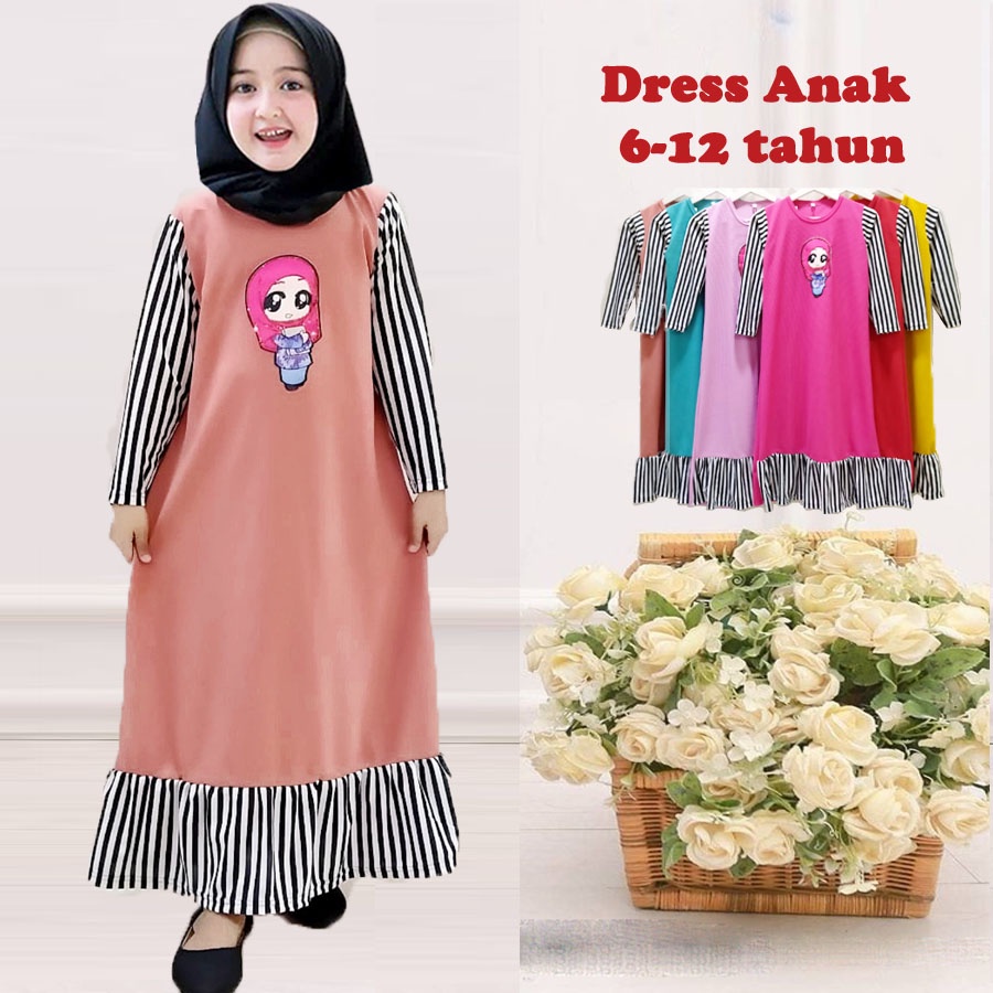 DRESS ANAK LOL SALIHAH REMPEL BAWAH GAMIS MURAH Usia 4-12 tahun CARLINA