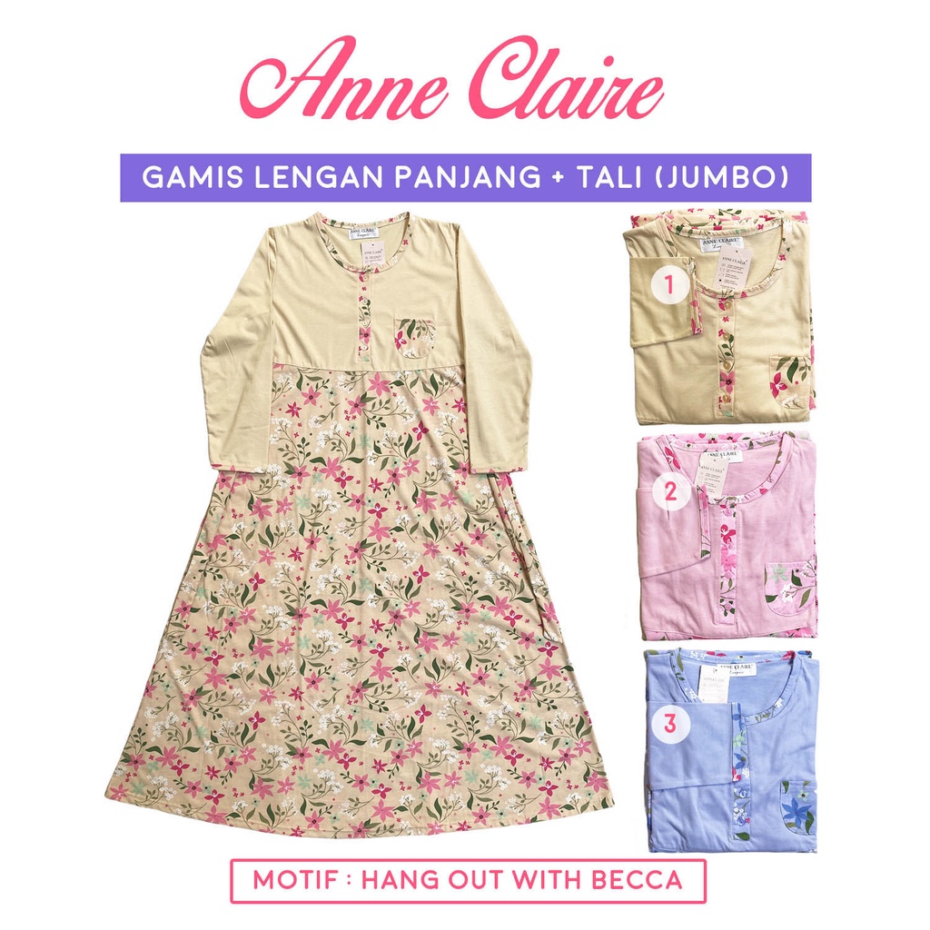 Daster Gamis Lengan Panjang + Tali belakang Jumbo XL & 2L Anne Claire Dewasa Muslim Daster Panjang W