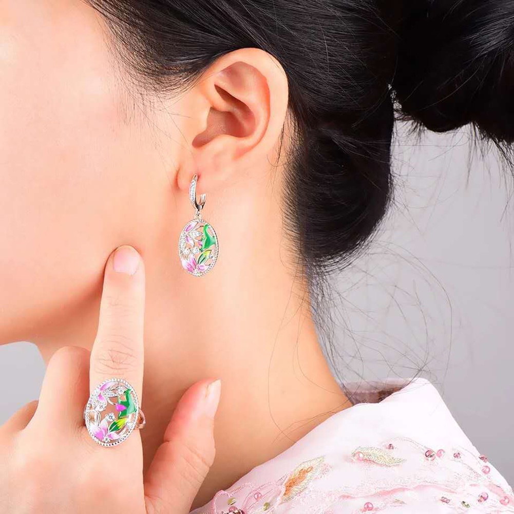 Hu Hu Hu Hu Hu Alat Bantu Pasang Kacamata♡ Set Kalungantingcincin Enamel Bentuk Oval Motif Bunga Hias Berlian Imitasi Untuk Wanita