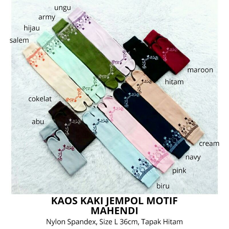 Kaos Kaki Jempol Wanita Muslimah Motif Mahendi (Nylon Spandex, Tapak Hitam, Size L, Panjang, Murah)