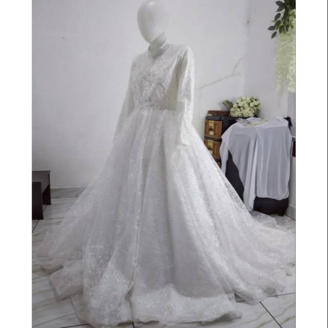 Gaun pengantin muslimah syar'i gaun akad walimah syari wedding dress muslimah syar'i