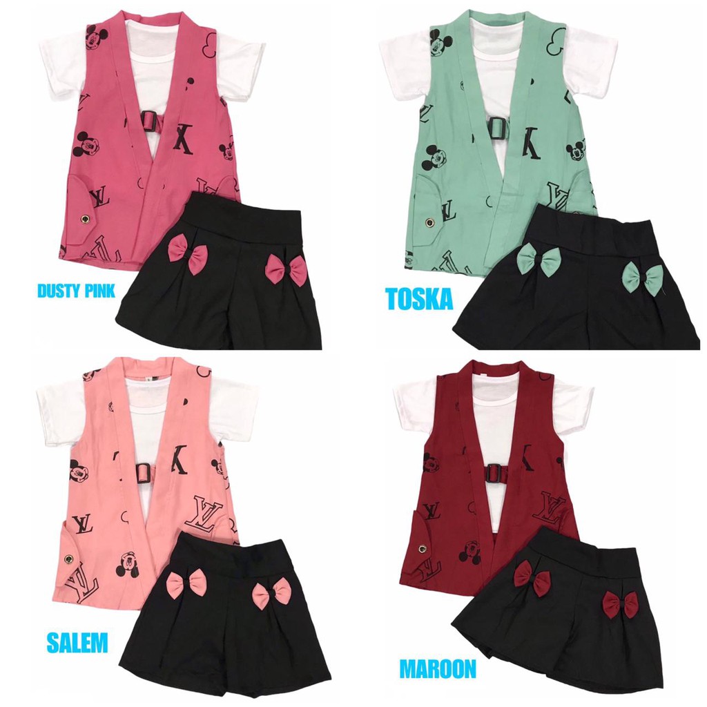 (1 KG MUAT 6 STEL) BAJU FASHION ANAK PEREMPUAN SETELAN 3IN1 DENGAN ROMPI ELVI BAHAN MOSSCREPE