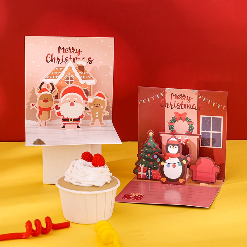 Kartu Ucapan Pop Up Desain Kartun 3d Bronzing Merry Christmas Dengan Amplop